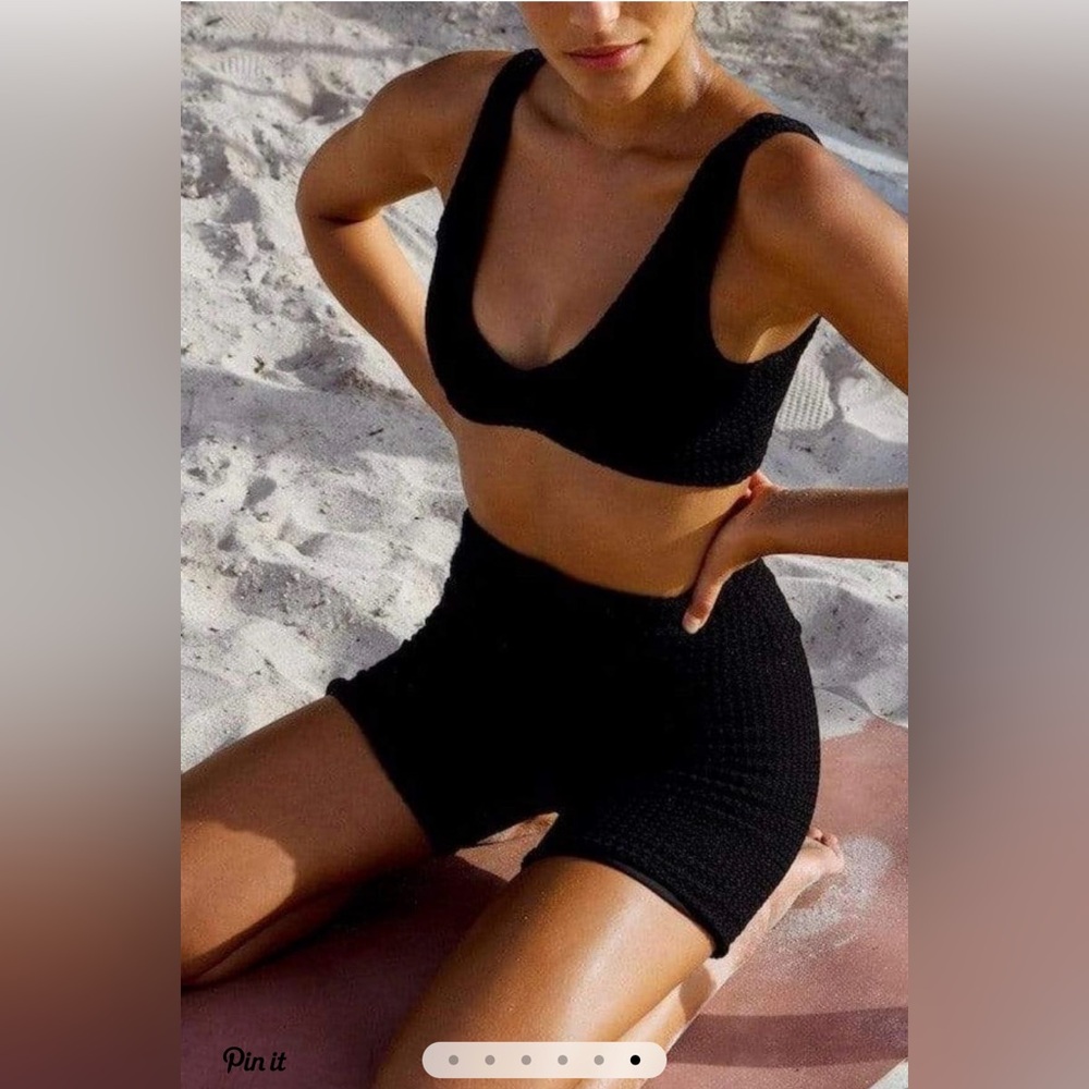 Montce Swim Bikini Set Active Set Black Crochet NWT Size M Kim Top & Bike Shorts